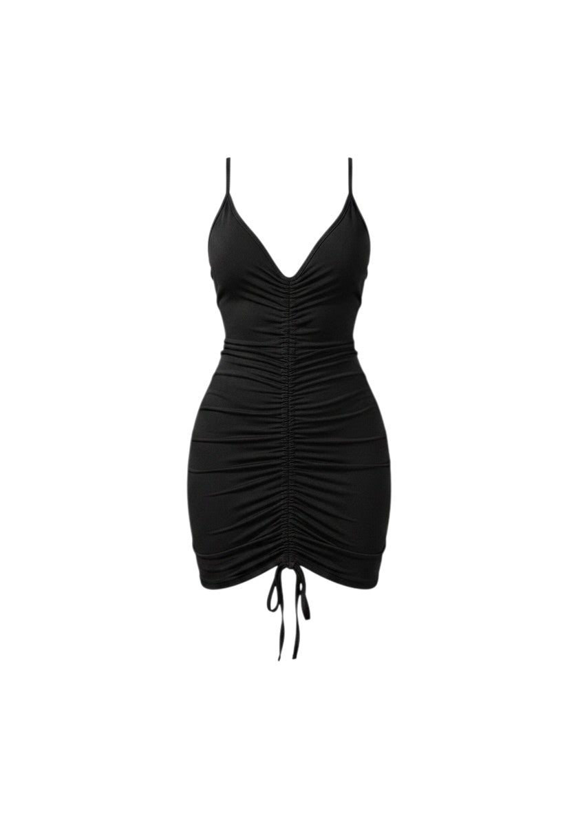 Cotton Jersey Adjustable Drawstring Bodycon Mini Dress - Black