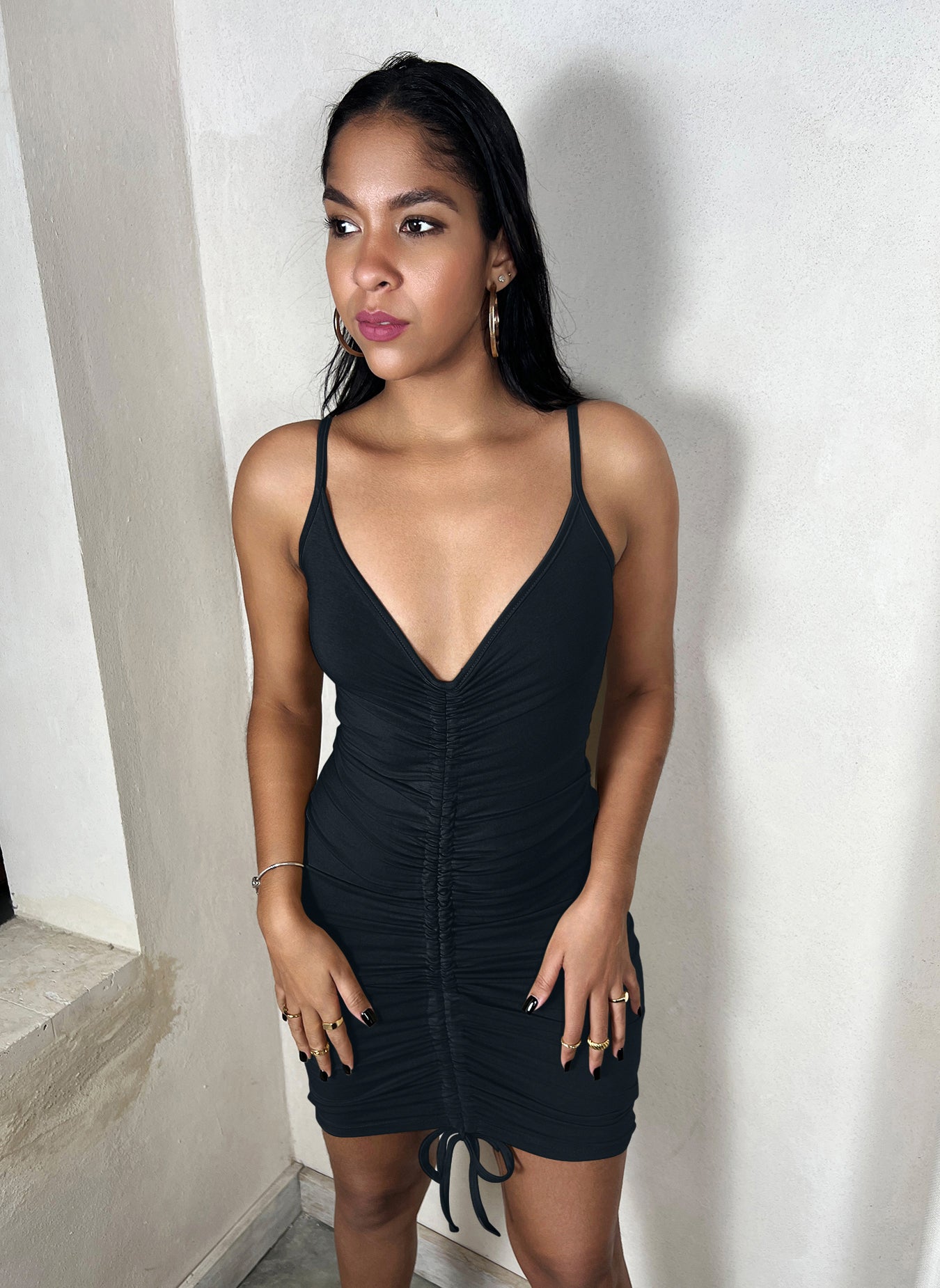 Cotton Jersey Adjustable Drawstring Bodycon Mini Dress - Black