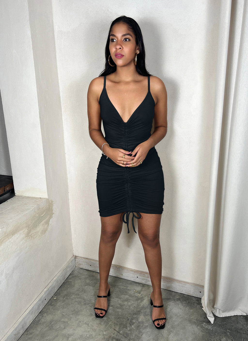 Cotton Jersey Adjustable Drawstring Bodycon Mini Dress - Black