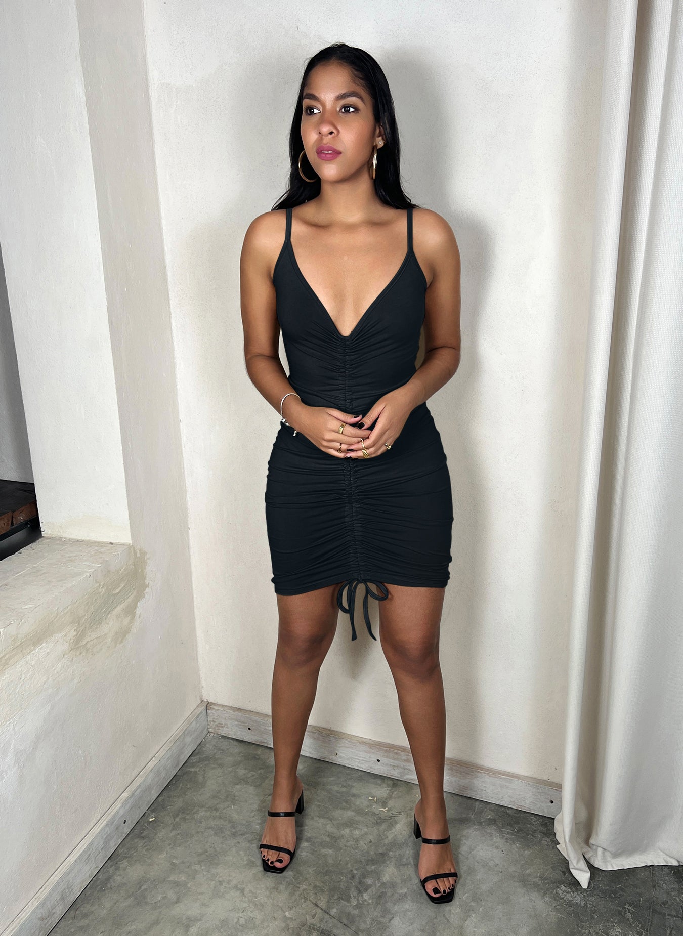Cotton Jersey Adjustable Drawstring Bodycon Mini Dress - Black