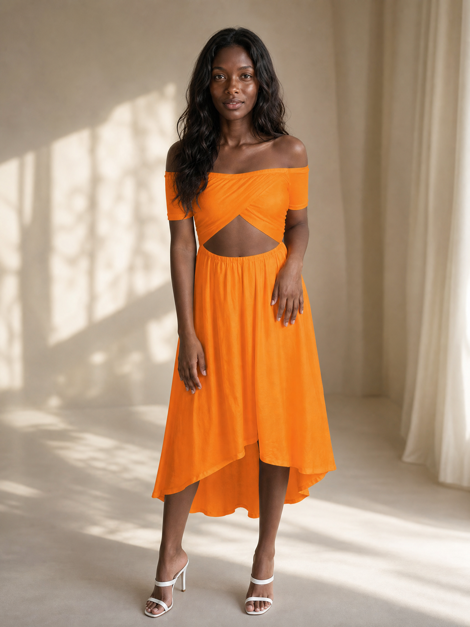 Cotton Jersey Asymmetrical Hemline Skater Midi Dress - Orange