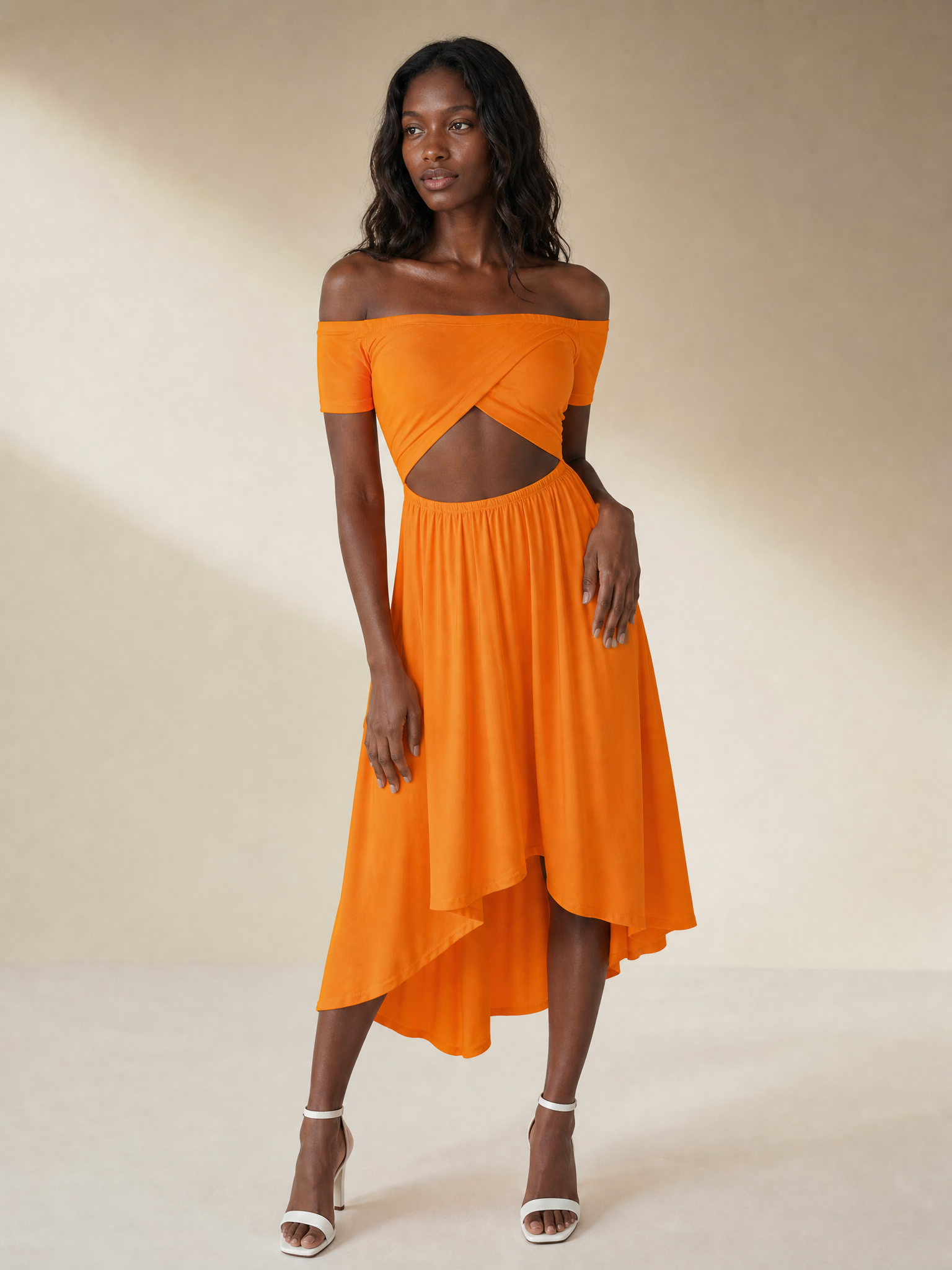 Cotton Jersey Asymmetrical Hemline Skater Midi Dress - Orange