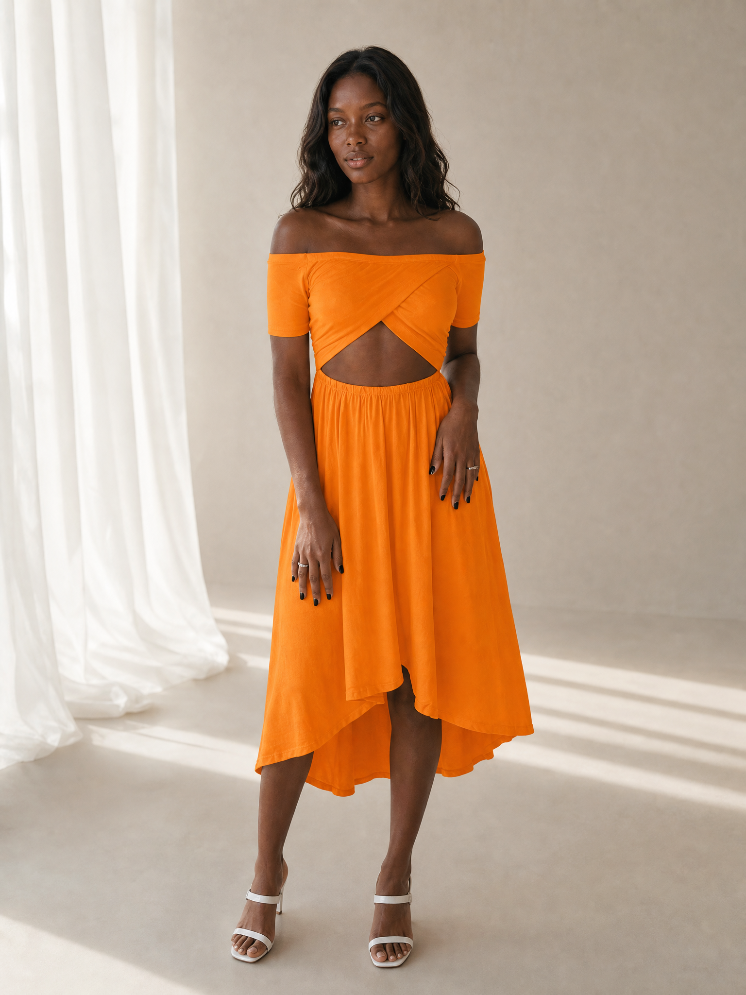 Cotton Jersey Asymmetrical Hemline Skater Midi Dress - Orange