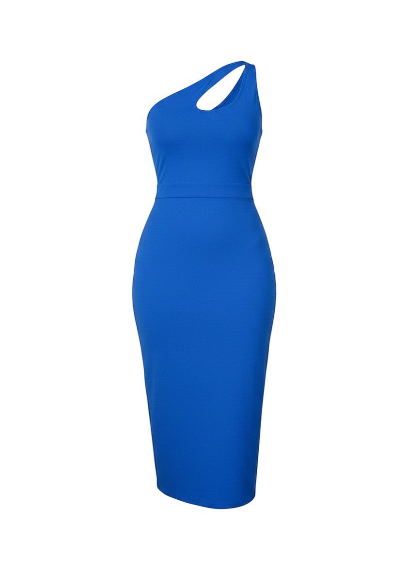 Cotton Jersey Asymmetrical Neckline Bodycon Midi Dress - Blue