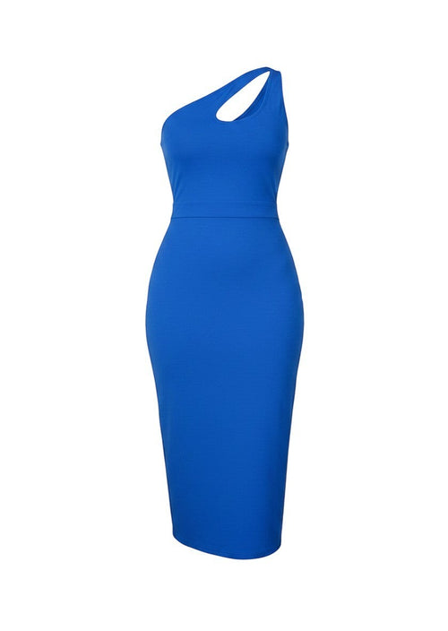 Cotton Jersey Asymmetrical Neckline Bodycon Midi Dress - Blue