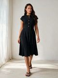 Button Down Belted Skater Midi Dress - Black