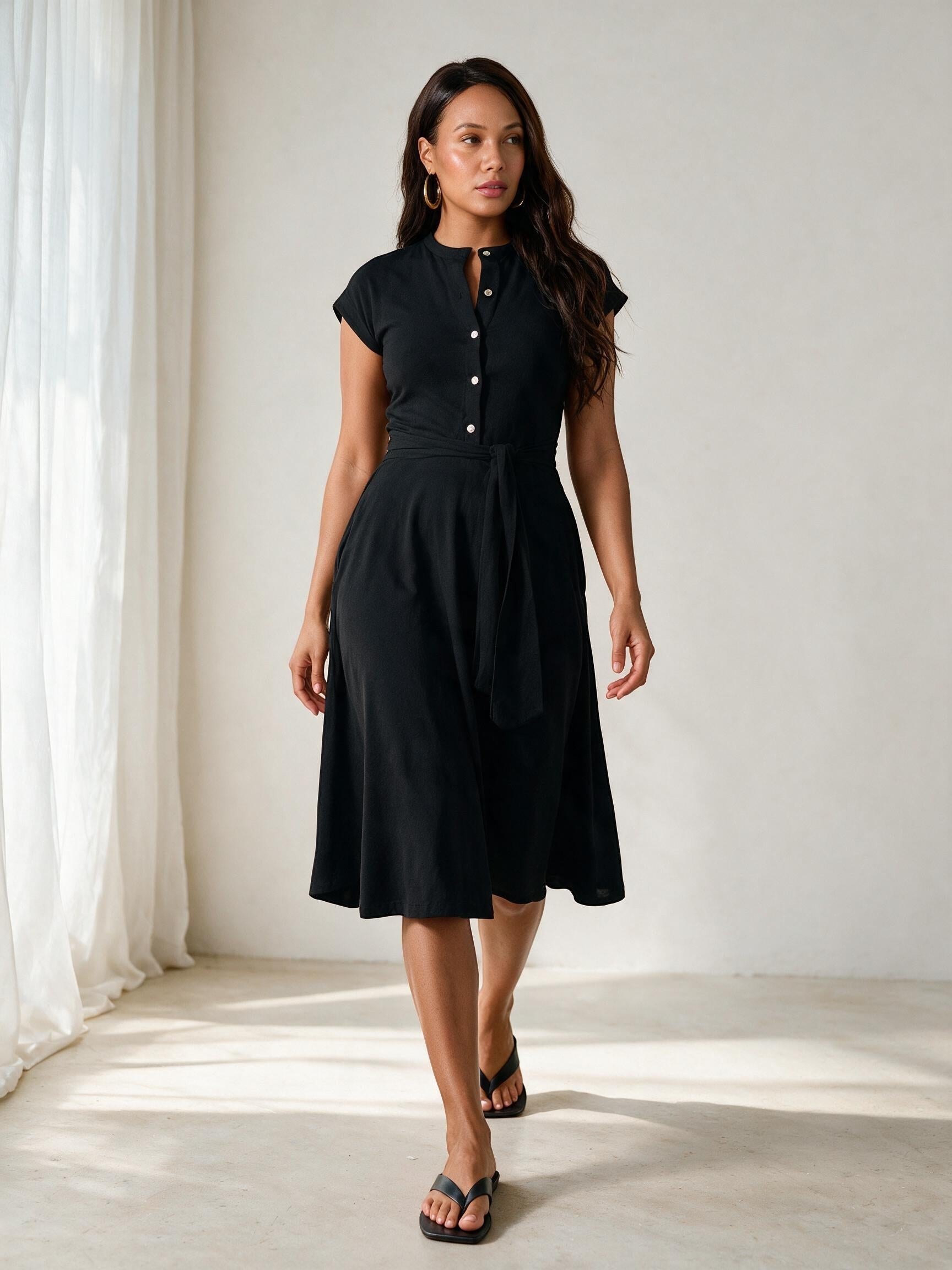 Button Down Belted Skater Midi Dress - Black