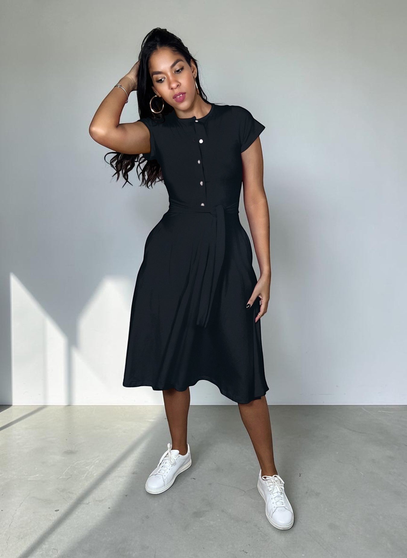 Button Down Belted Skater Midi Dress - Black