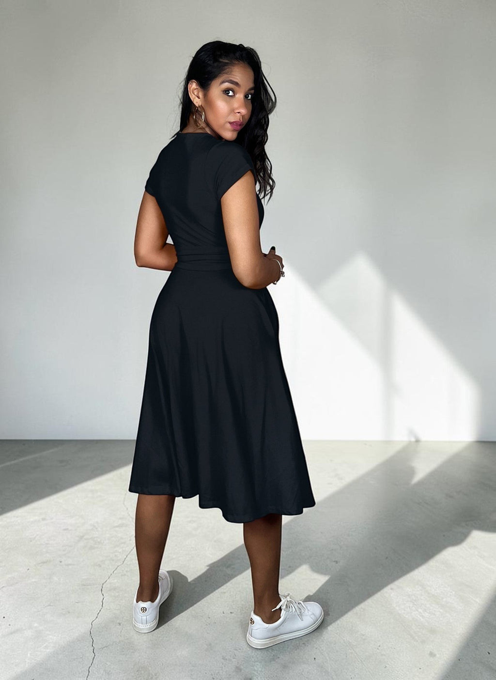 Button Down Belted Skater Midi Dress - Black