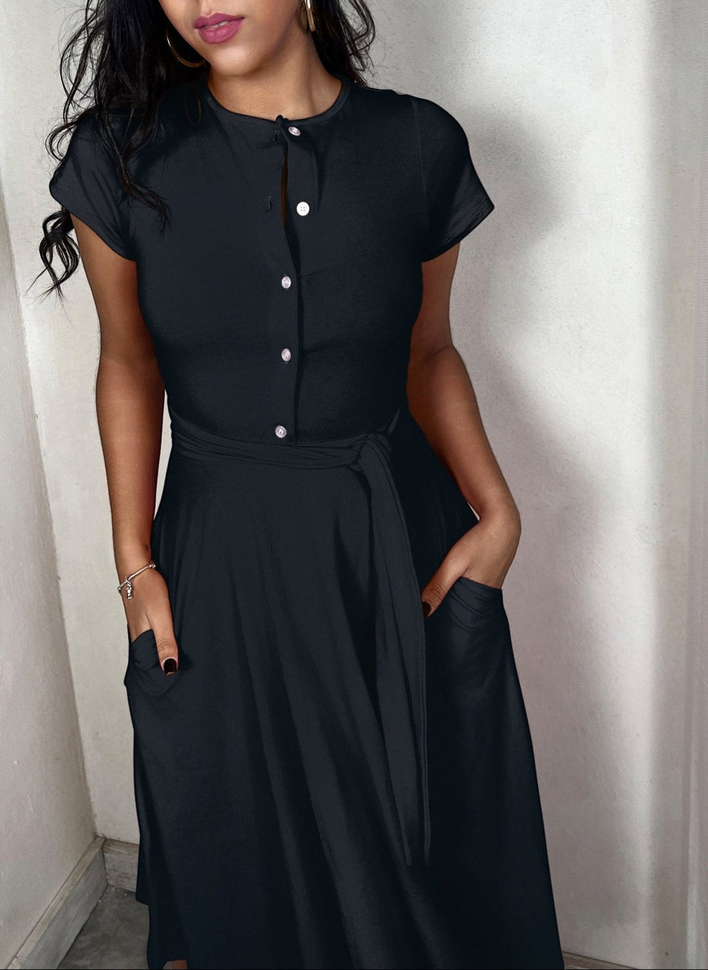 Button Down Belted Skater Midi Dress - Black