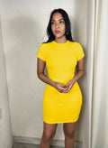 Cotton Jersey Crew Neck Bodycon Mini Dress - Yellow