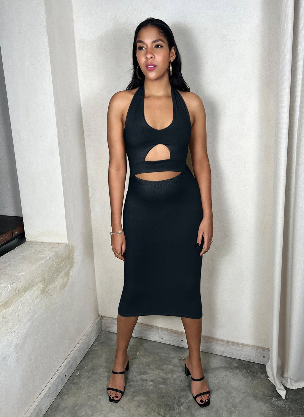Cotton Jersey Cut-Out Bodycon Midi Dress - Black