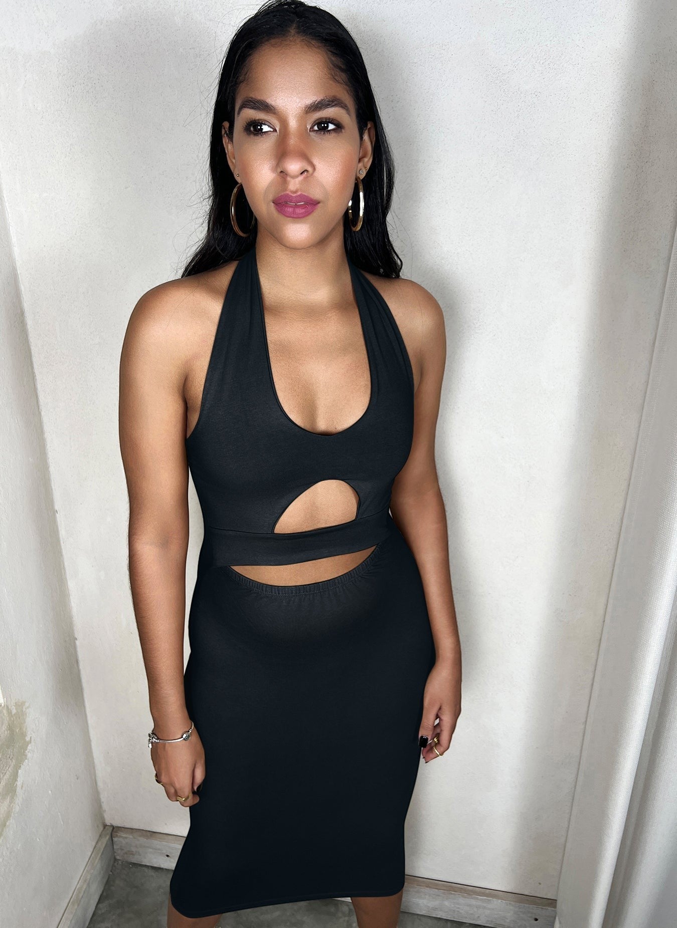 Cotton Jersey Cut-Out Bodycon Midi Dress - Black