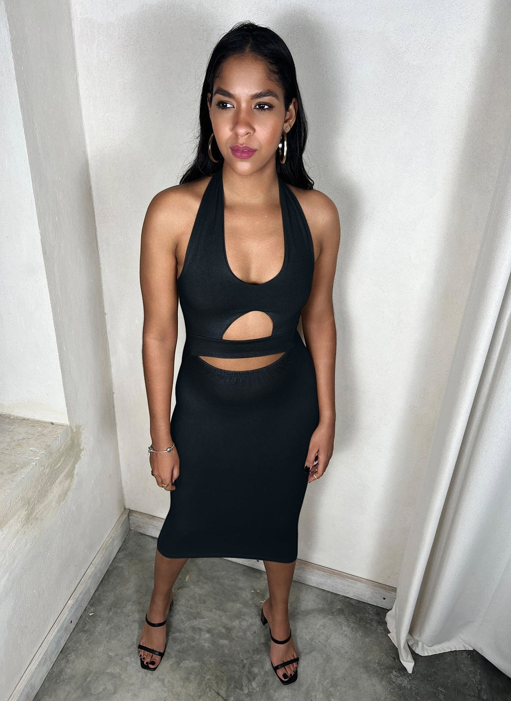 Cotton Jersey Cut-Out Bodycon Midi Dress - Black