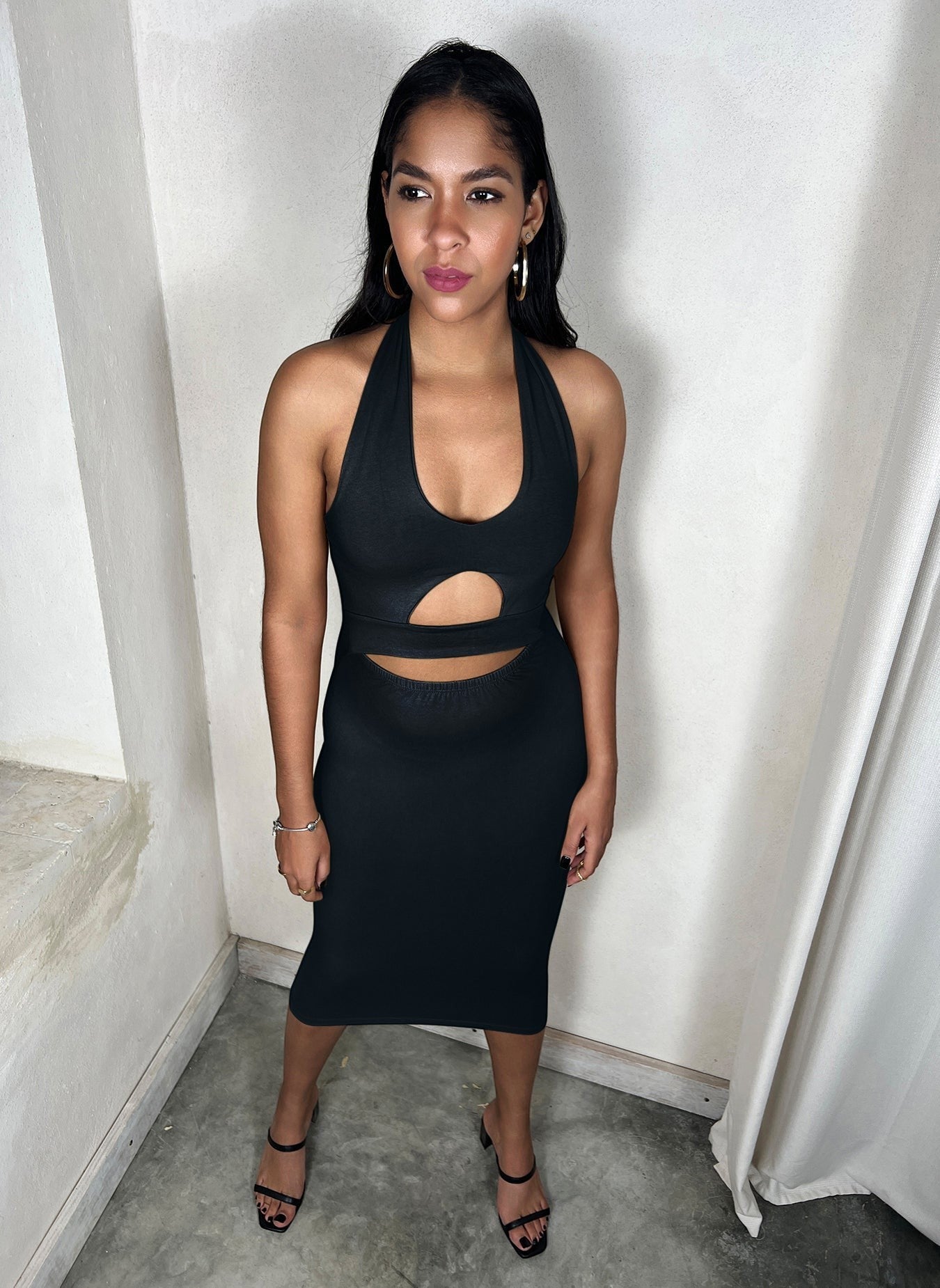 Cotton Jersey Cut-Out Bodycon Midi Dress - Black