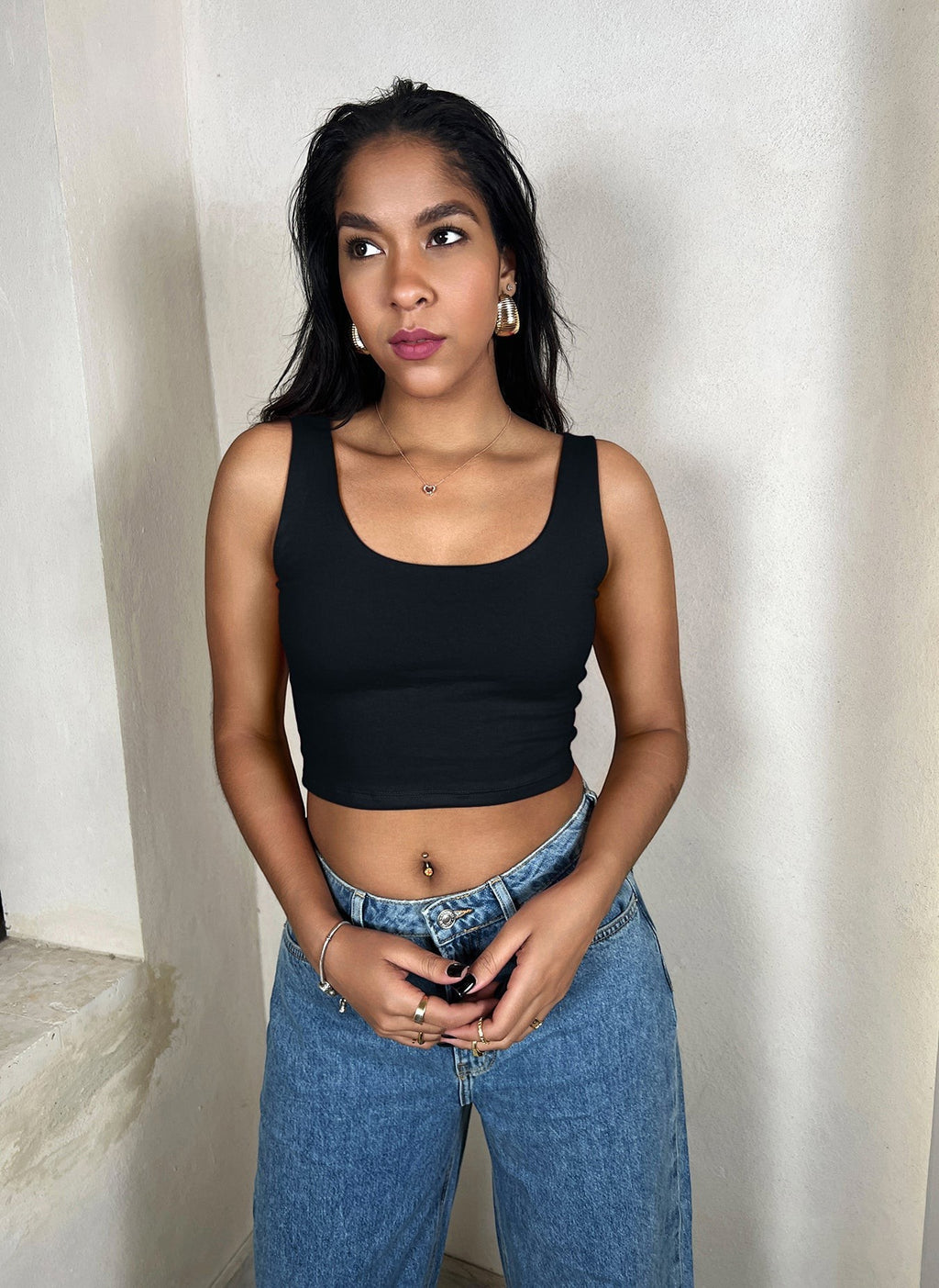Cotton Jersey Double Layered Tank Cropped Top - Black