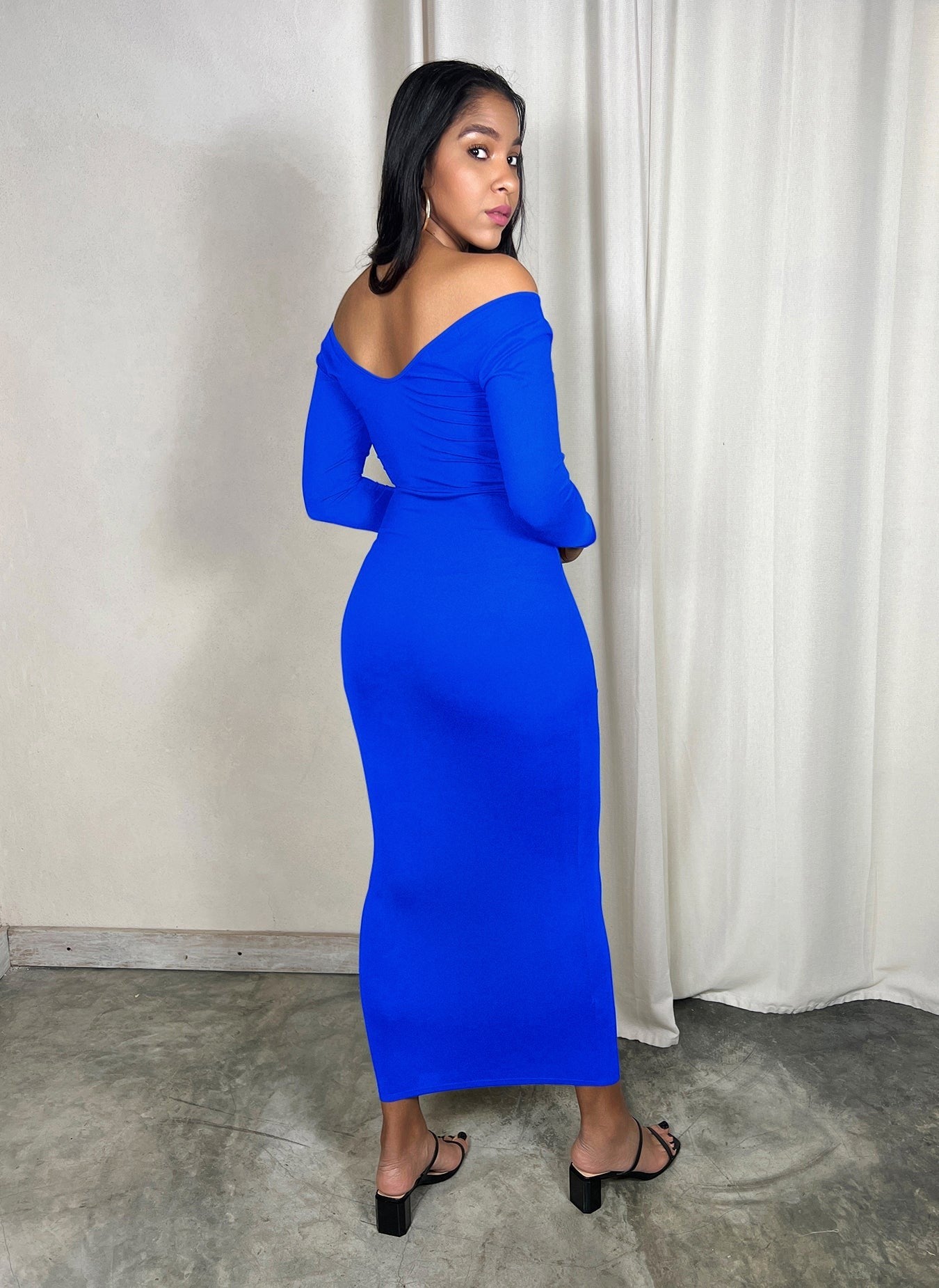 Cotton Jersey Drop Shoulder Bodycon Maxi Dress - Blue
