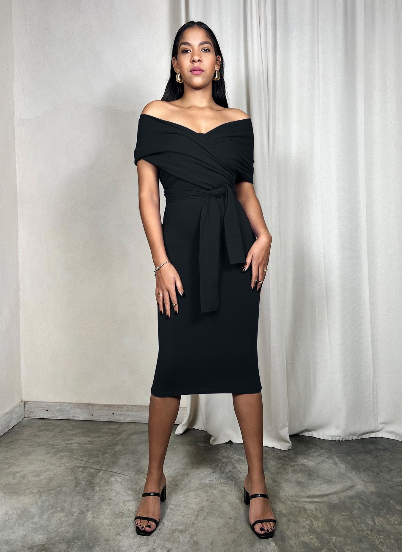 Faux Shawl Wrap Bodycon Midi Dress- Black