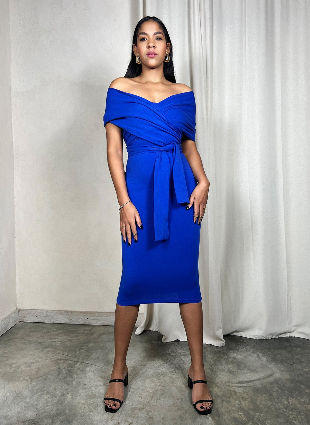 Faux Shawl Wrap Bodycon Midi Dress