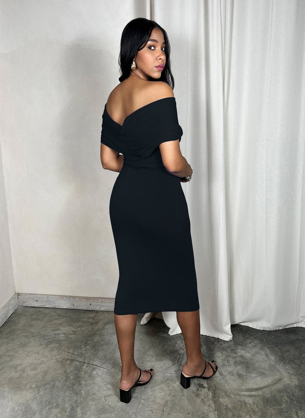 Faux Shawl Wrap Bodycon Midi Dress- Black