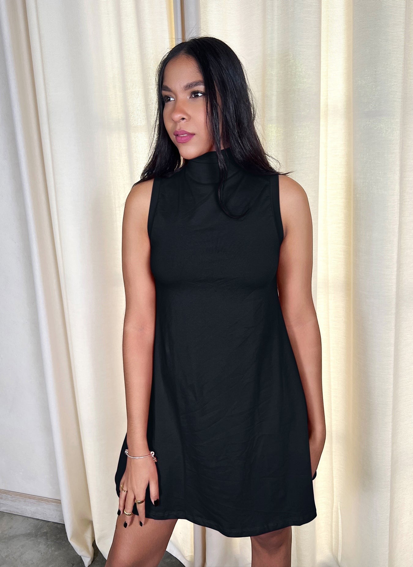 Cotton Jersey High Neck A-Line Mini Dress - Black