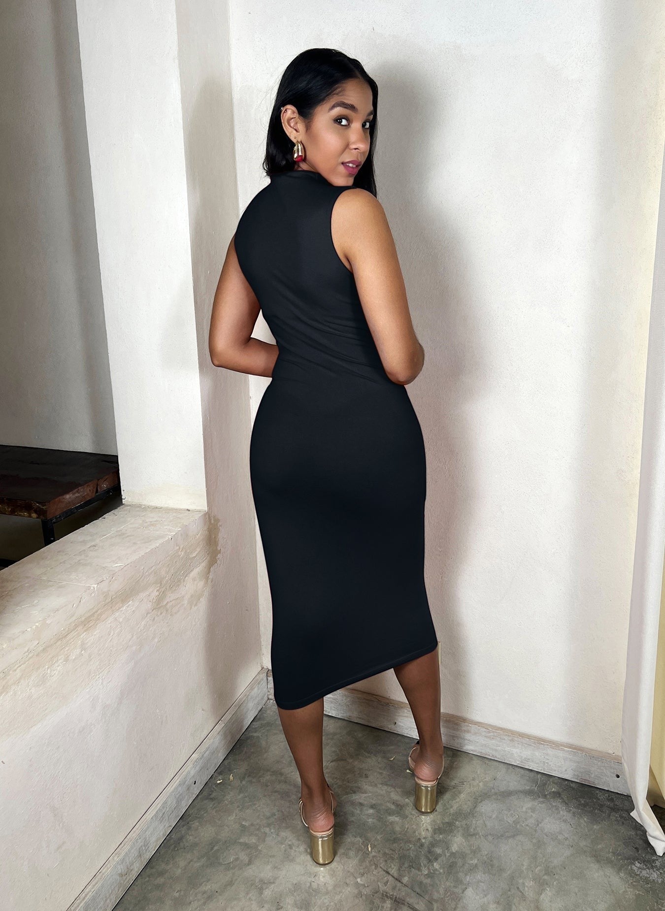 Cotton Jersey High Neck Bodycon Midi Dress - Black