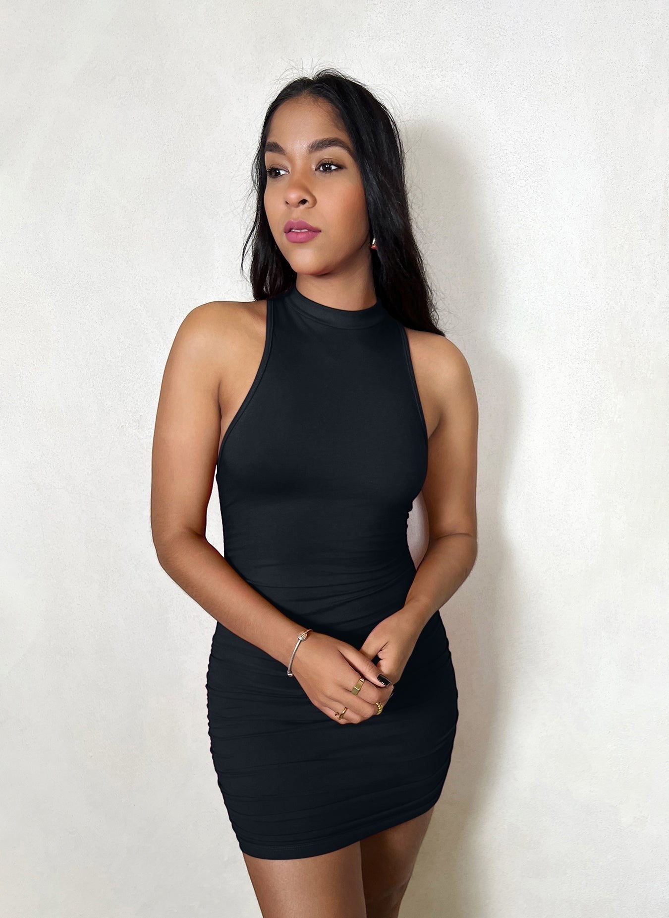 Cotton Jersey High Neck Mini Dress - Black