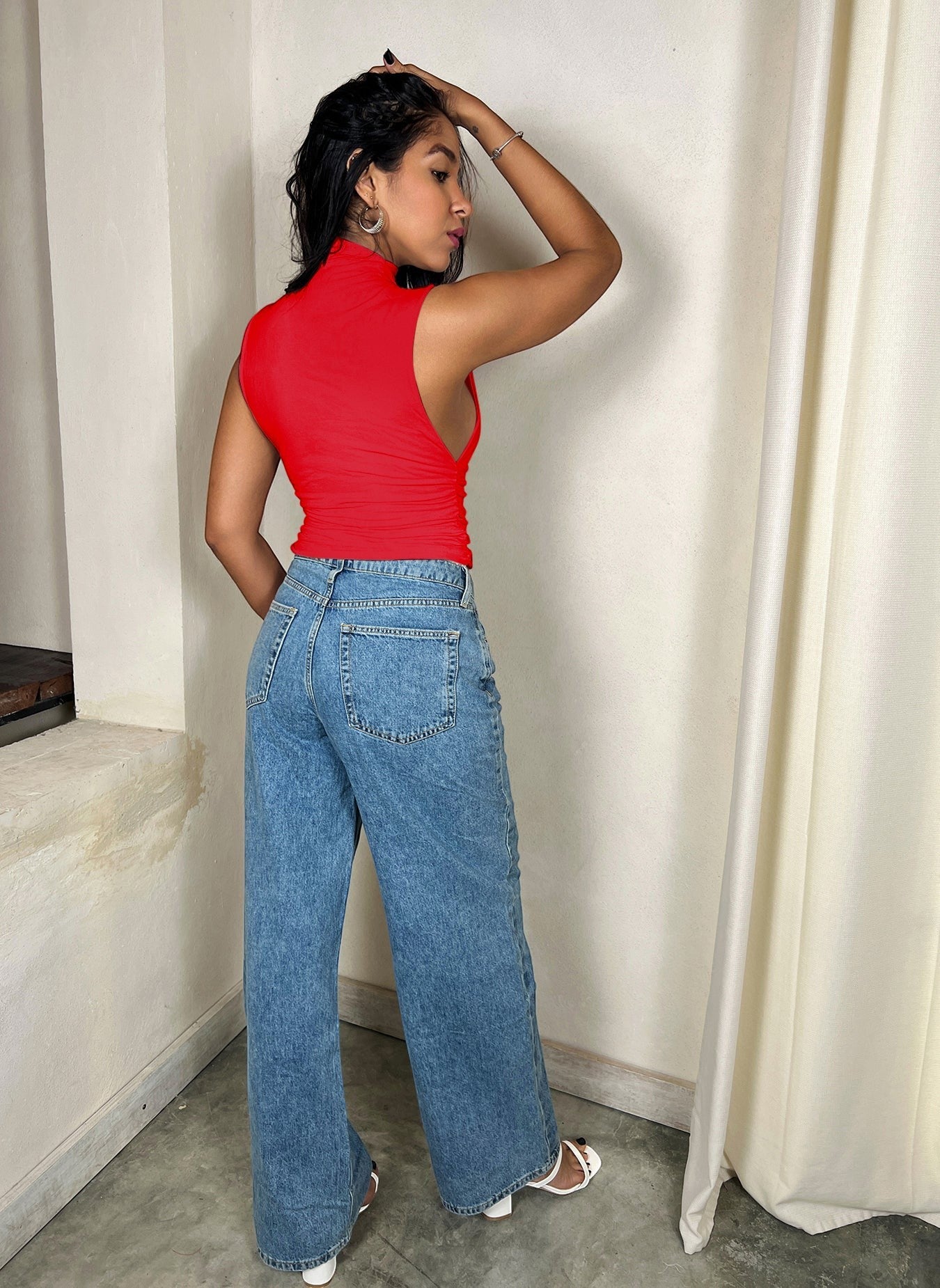 High Neck Ruched Top - Red