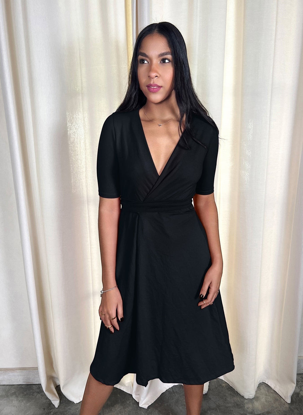Knee Length Wrap Dress - Black