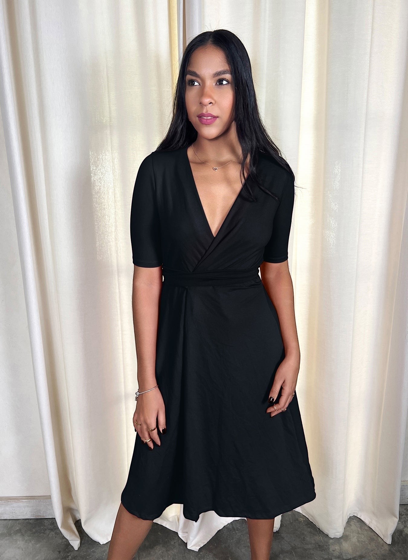 Knee Length Wrap Dress - Black