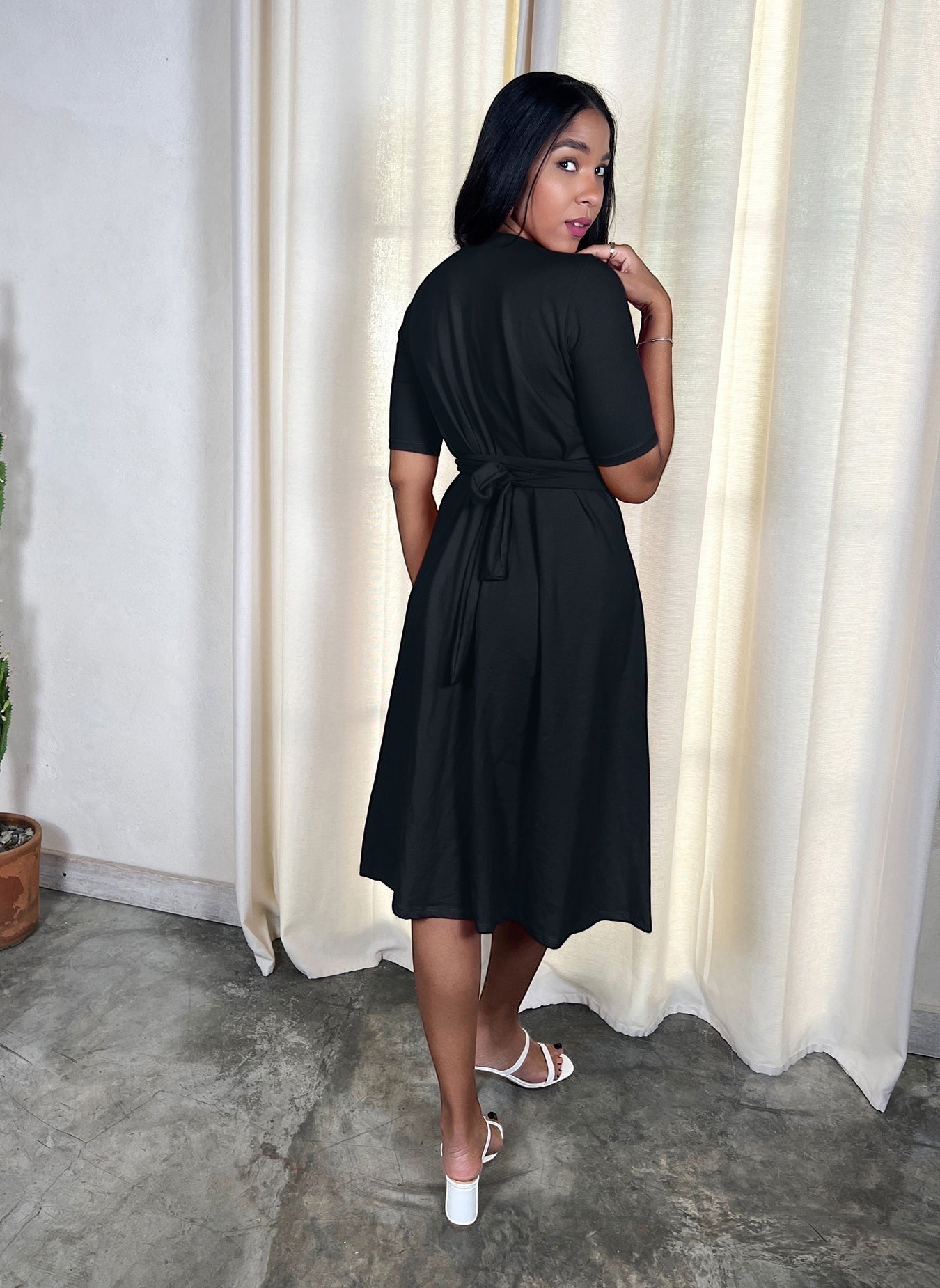 Knee Length Wrap Dress - Black