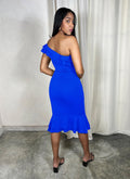 Cotton Jersey One Shoulder Ruffled Bodycon Midi Dress - Blue