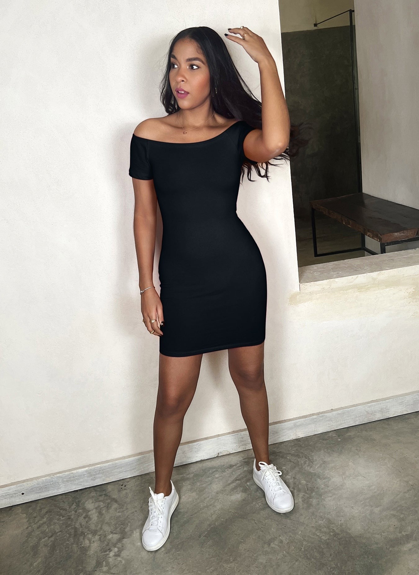 Cotton Jersey Over The Shoulder Bodycon Mini Dress - Black