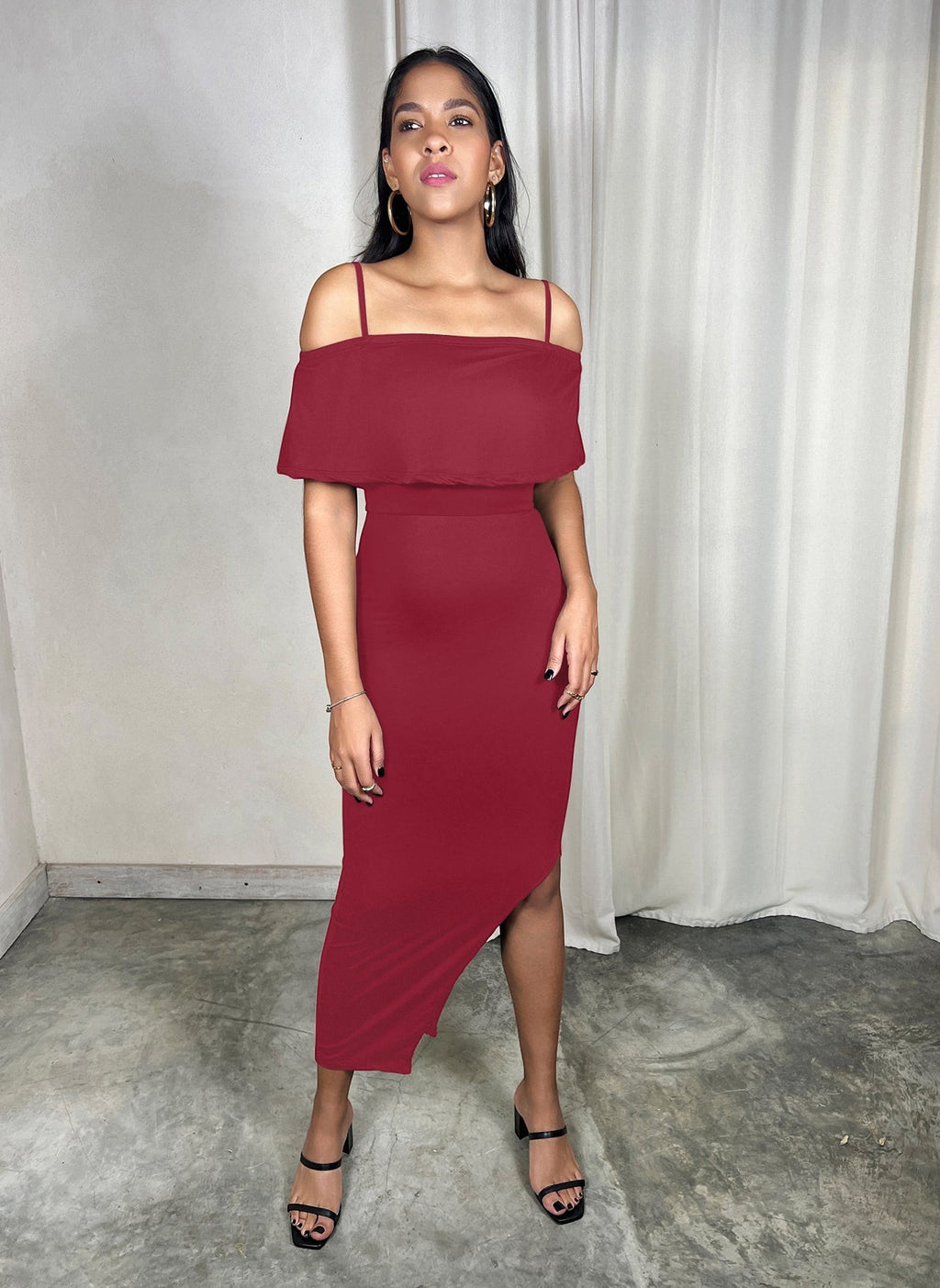 Cotton Jersey The Shoulder Bodycon Side Slit Midi Dress - Burgundy