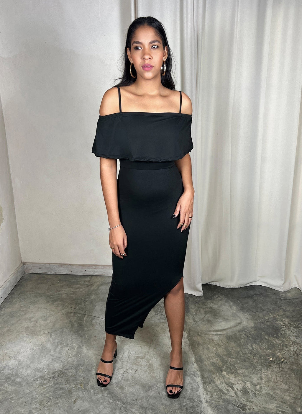 Over The Shoulder Bodycon Side Slit Midi Dress
