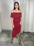 Cotton Jersey The Shoulder Bodycon Side Slit Midi Dress - Burgundy