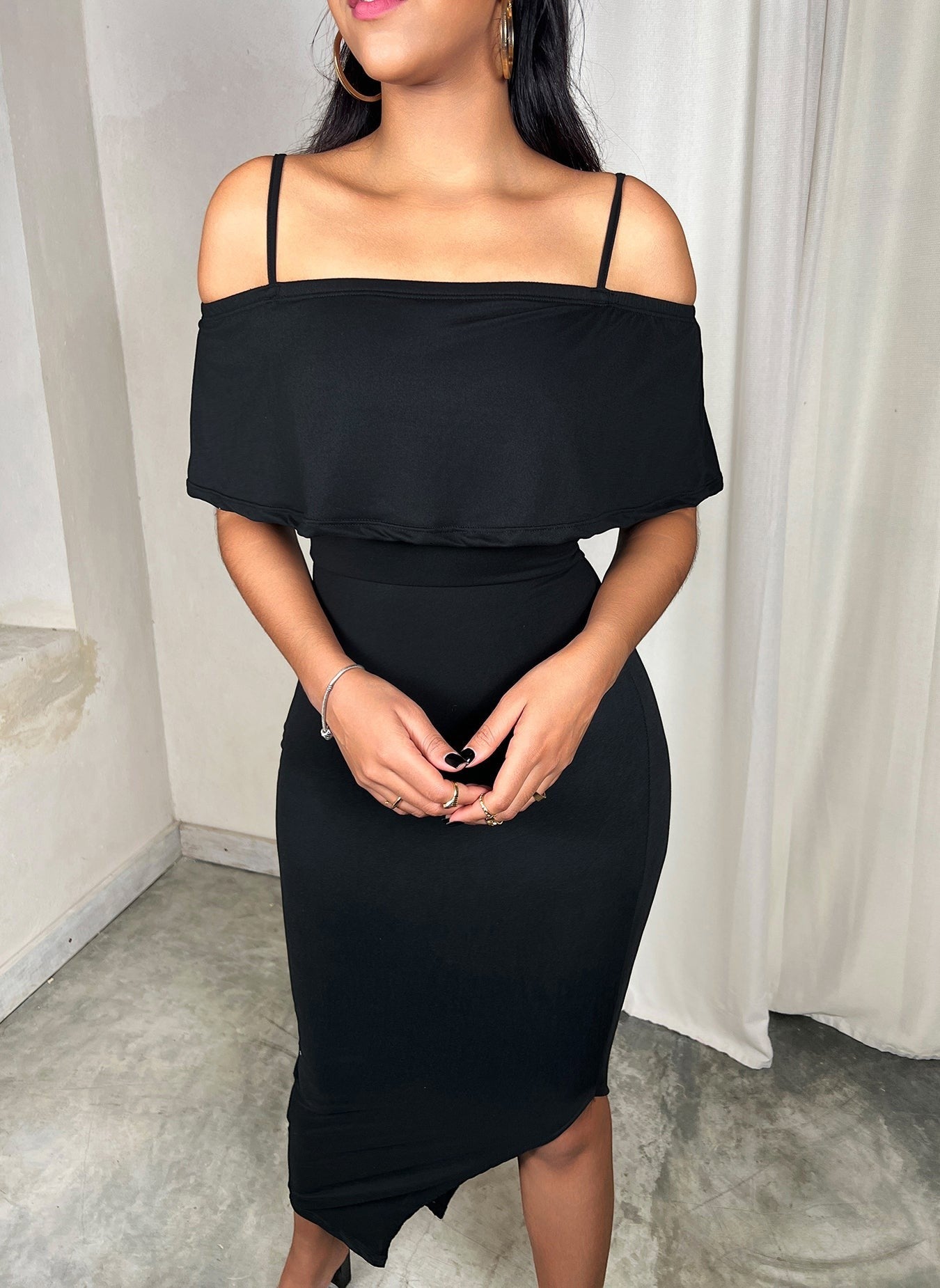Over The Shoulder Bodycon Side Slit Midi Dress