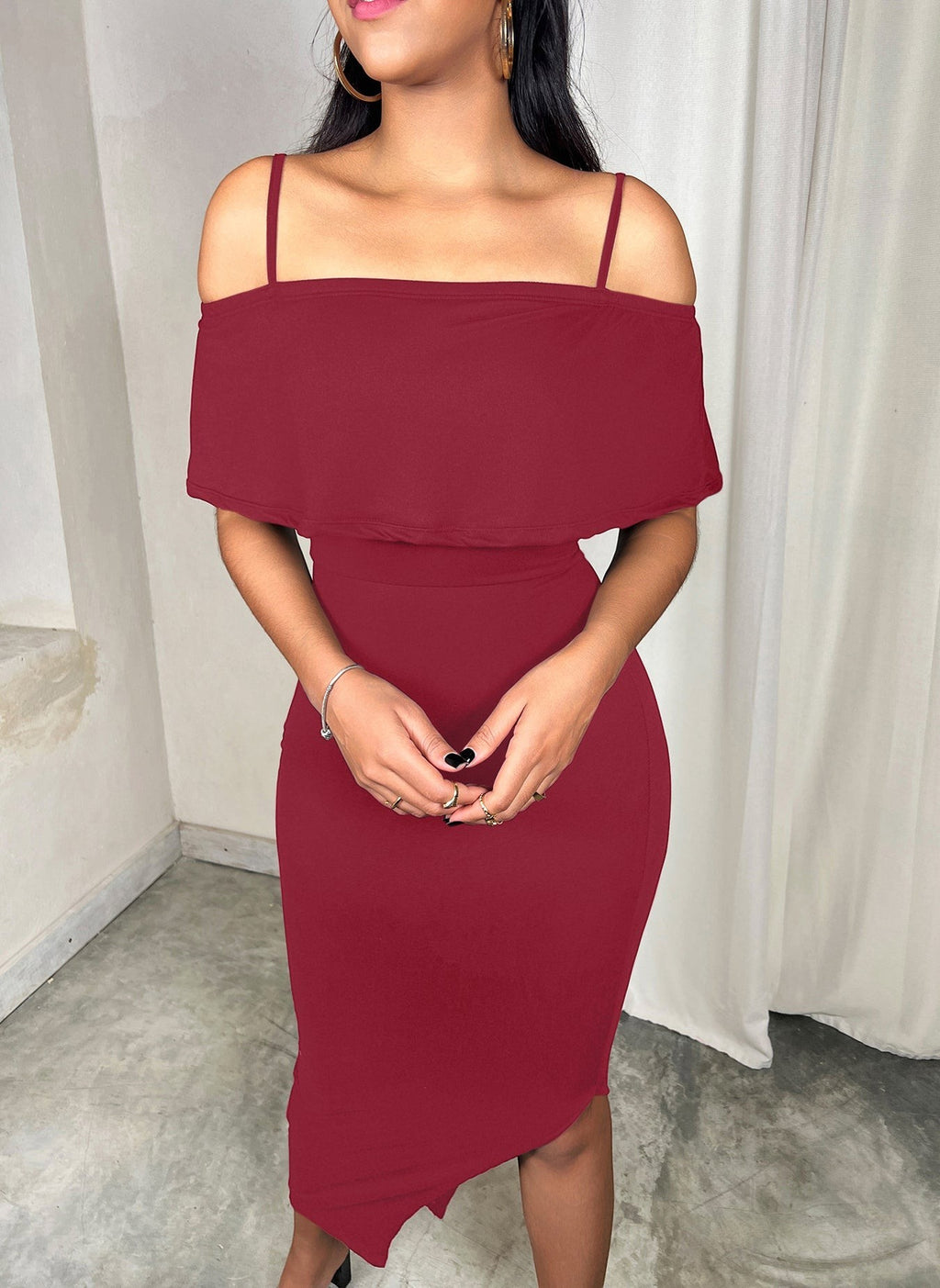 Cotton Jersey The Shoulder Bodycon Side Slit Midi Dress - Burgundy