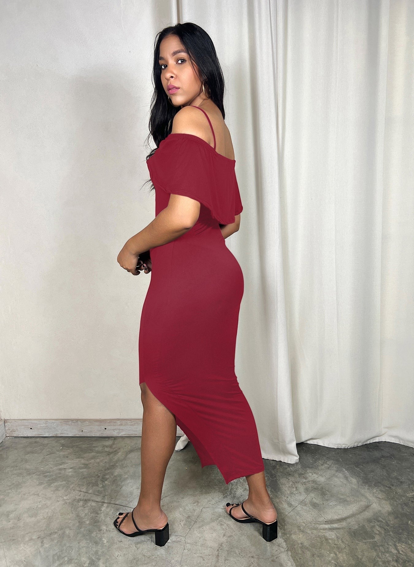 Cotton Jersey The Shoulder Bodycon Side Slit Midi Dress - Burgundy