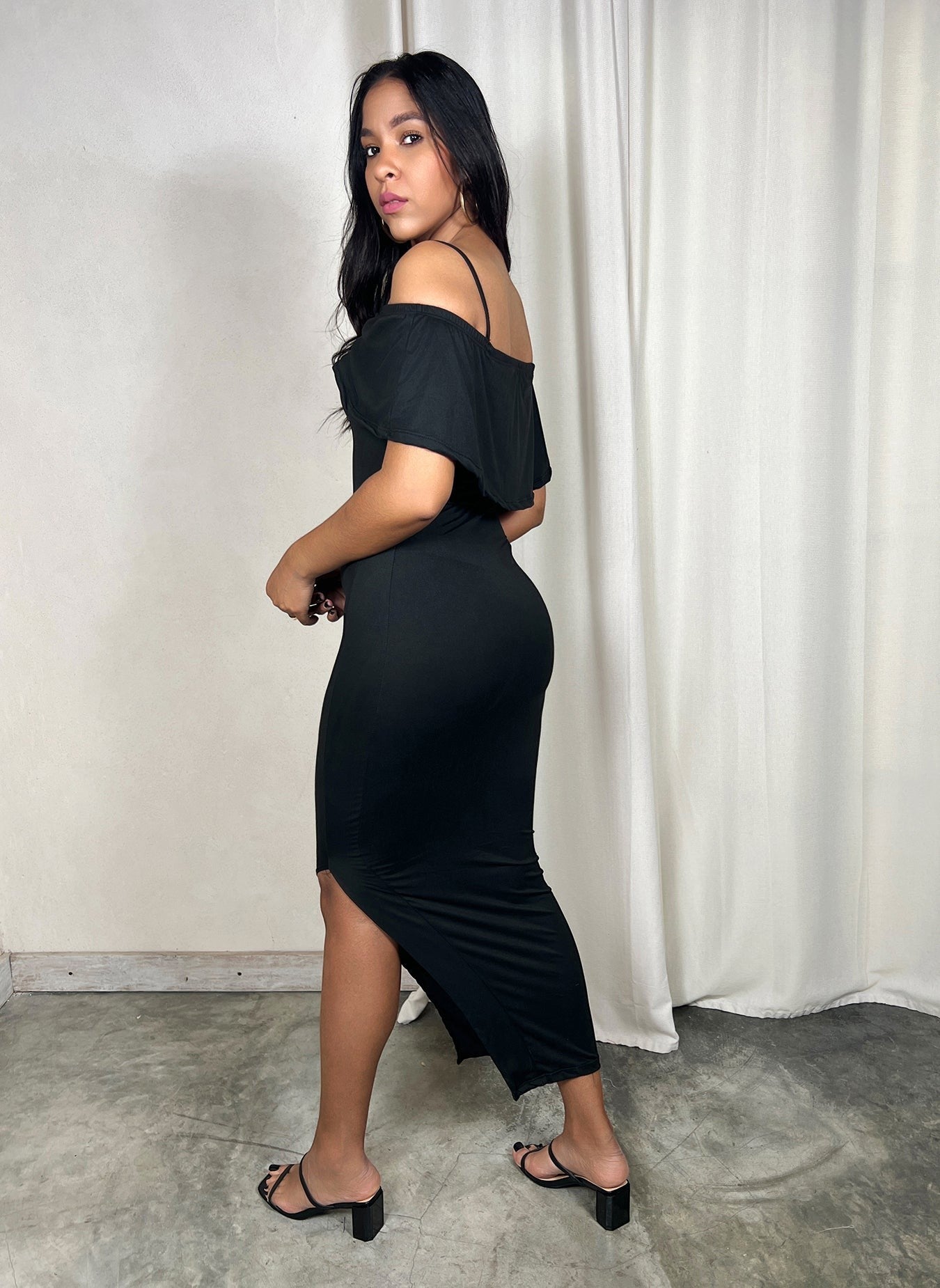 Over The Shoulder Bodycon Side Slit Midi Dress