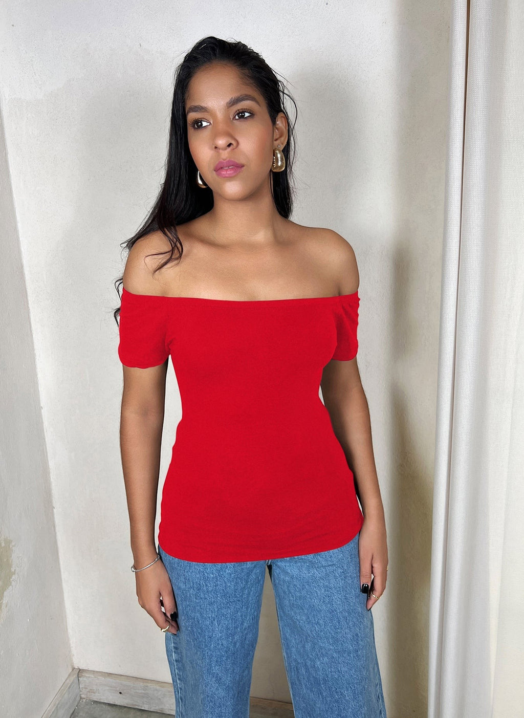 Cotton Jersey Over The Shoulder Hip Length Top - Red