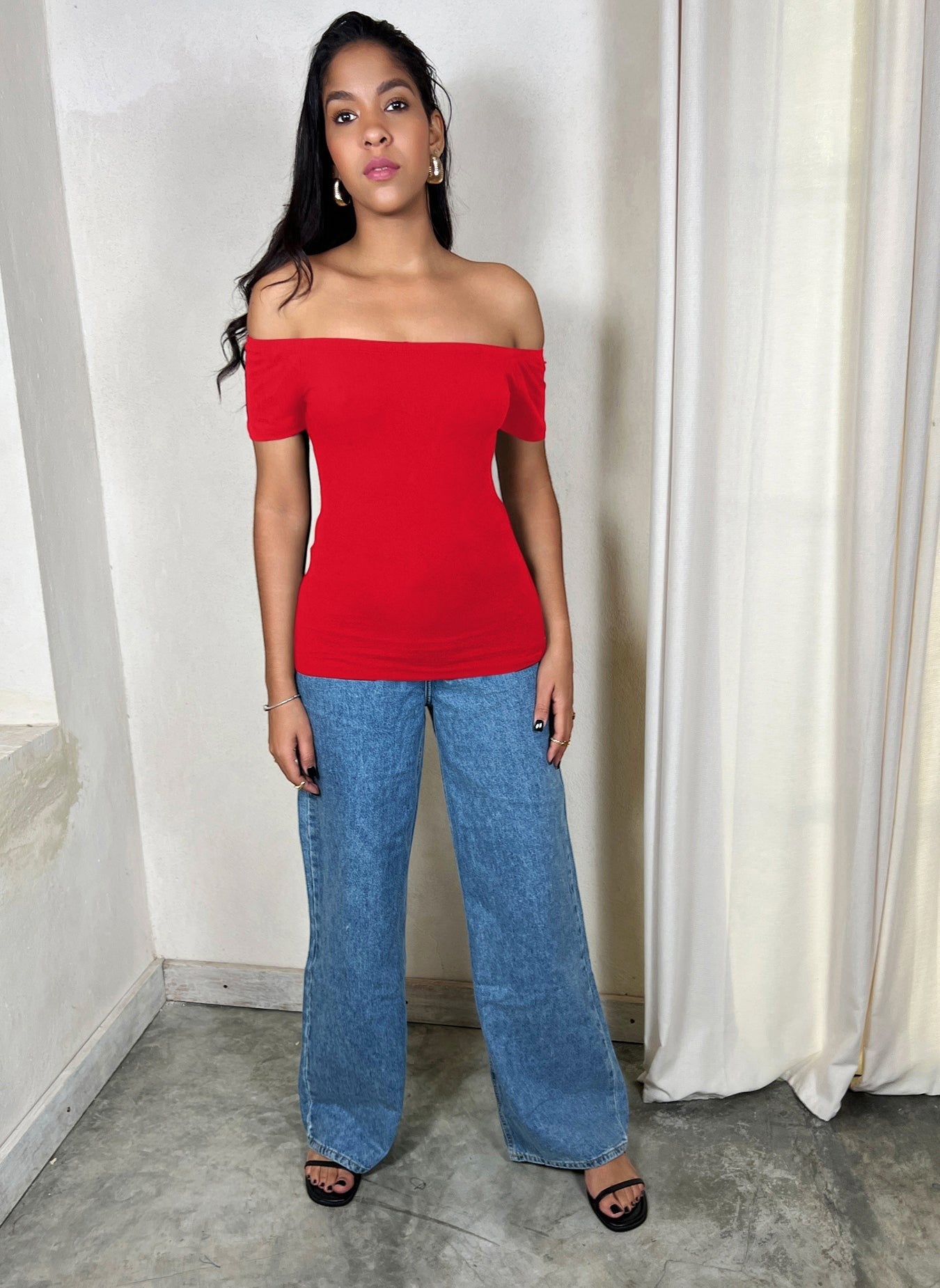 Cotton Jersey Over The Shoulder Hip Length Top - Red