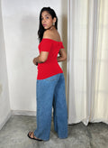 Cotton Jersey Over The Shoulder Hip Length Top - Red