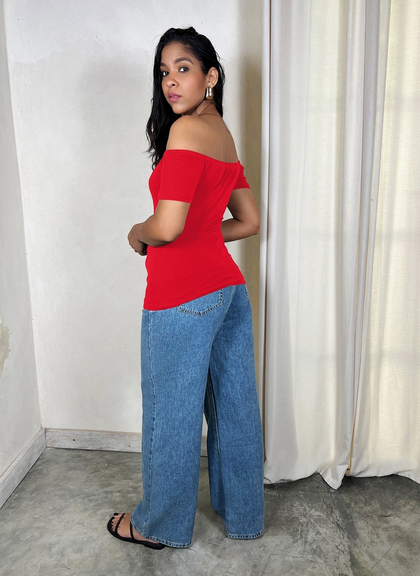 Cotton Jersey Over The Shoulder Hip Length Top - Red