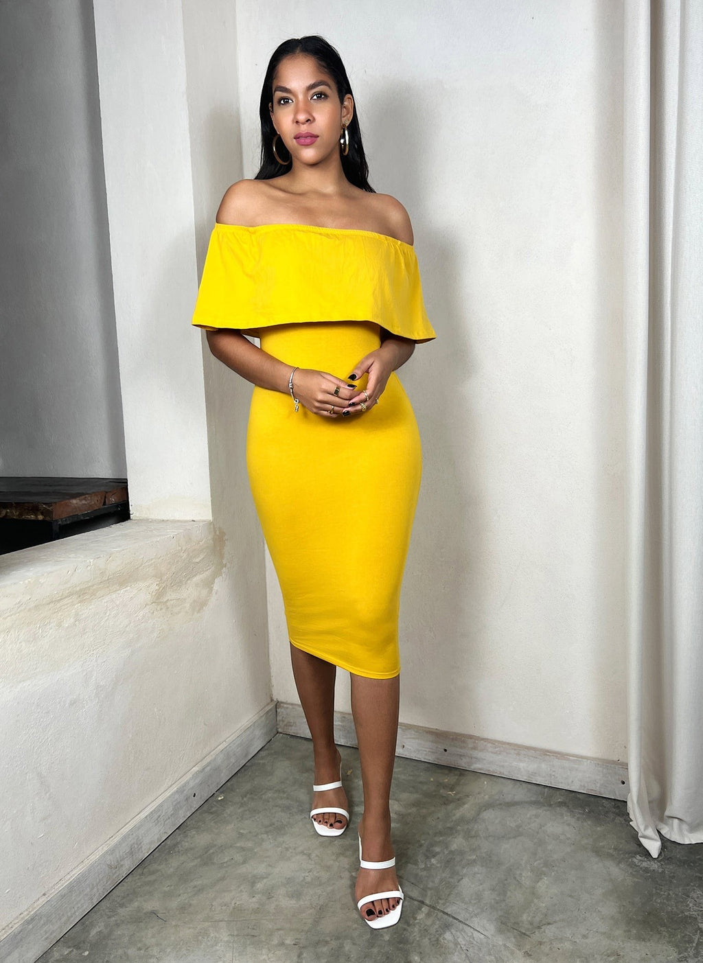 Over The Shoulder Ruffled Bodycon Midi Dress
