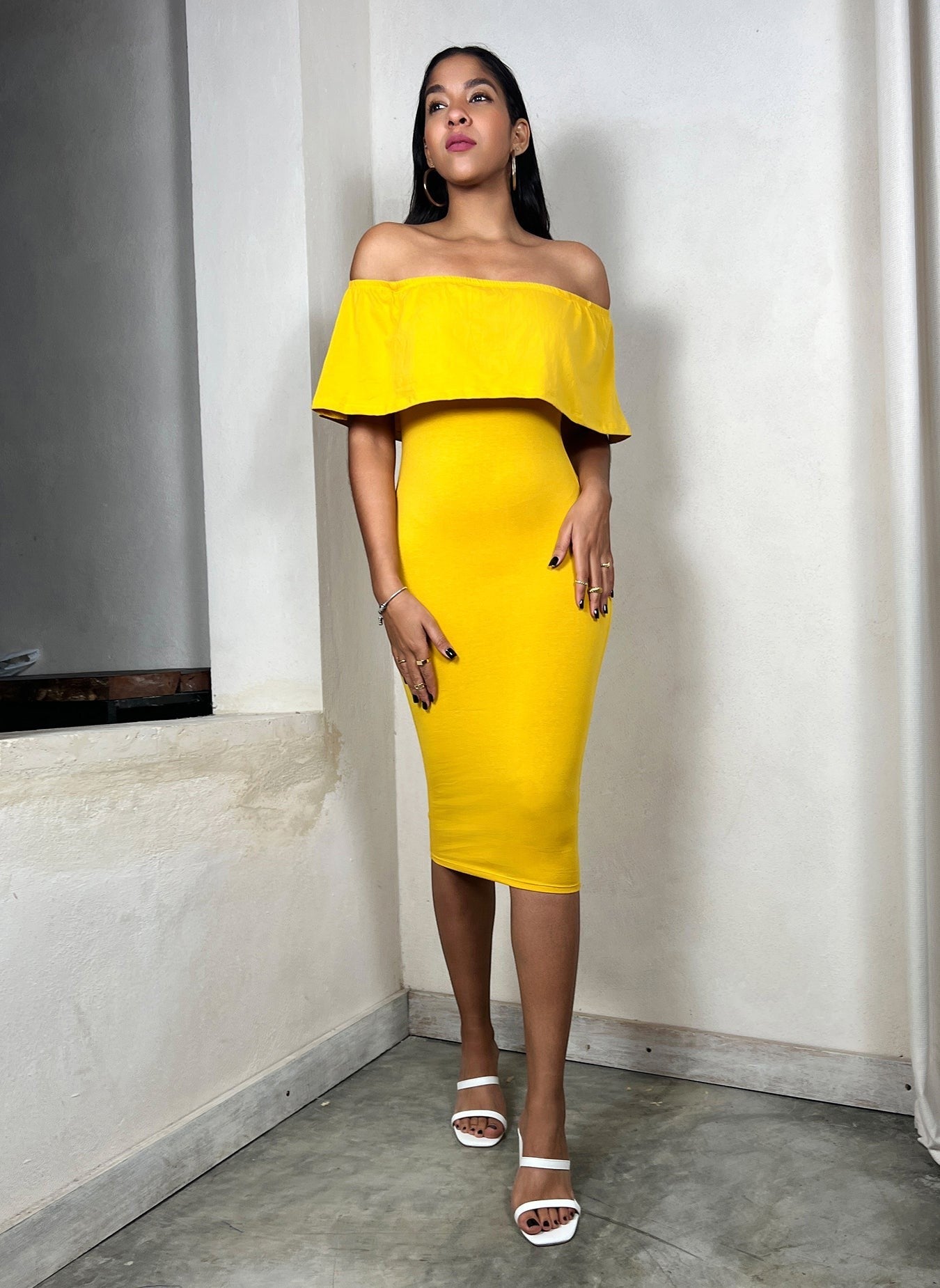 Over The Shoulder Ruffled Bodycon Midi Dress