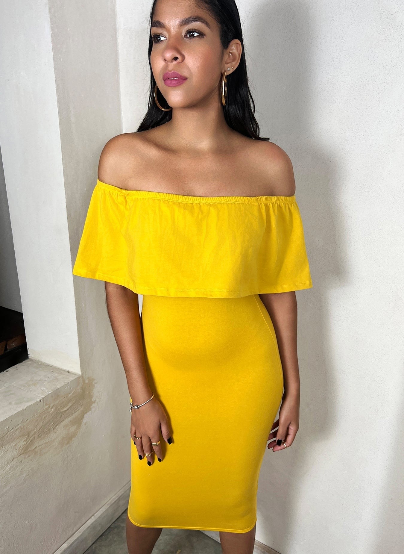 Over The Shoulder Ruffled Bodycon Midi Dress
