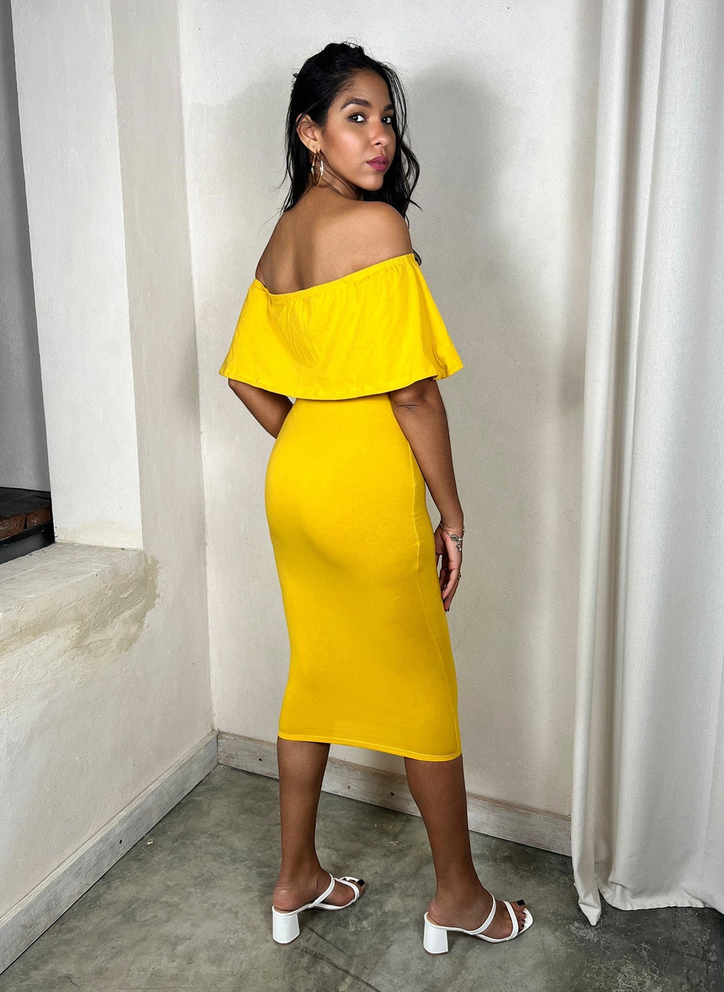Over The Shoulder Ruffled Bodycon Midi Dress