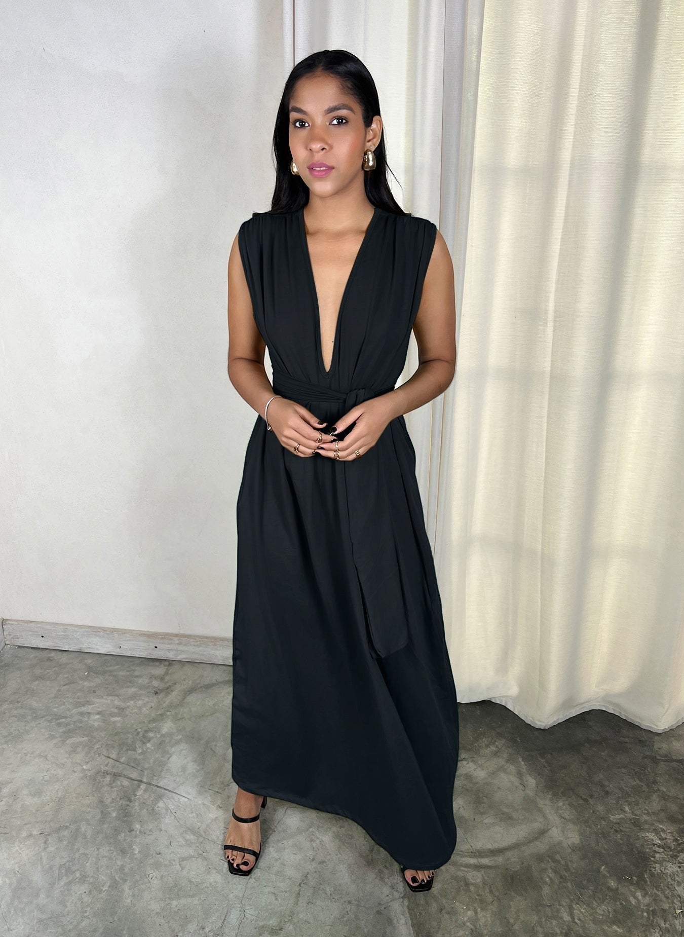 Cotton Jersey Plunge Neckline Belted Maxi Dress - Black