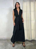 Cotton Jersey Plunge Neckline Belted Maxi Dress - Black